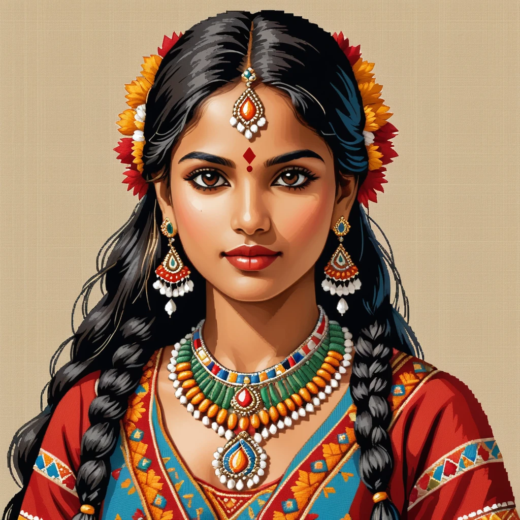 cross stitch pattern, indian woman in folk outfit