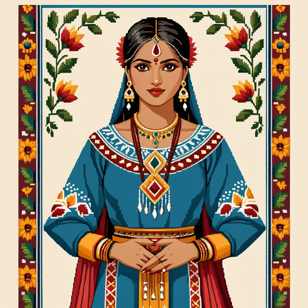 cross stitch pattern, indian woman in folk outfit