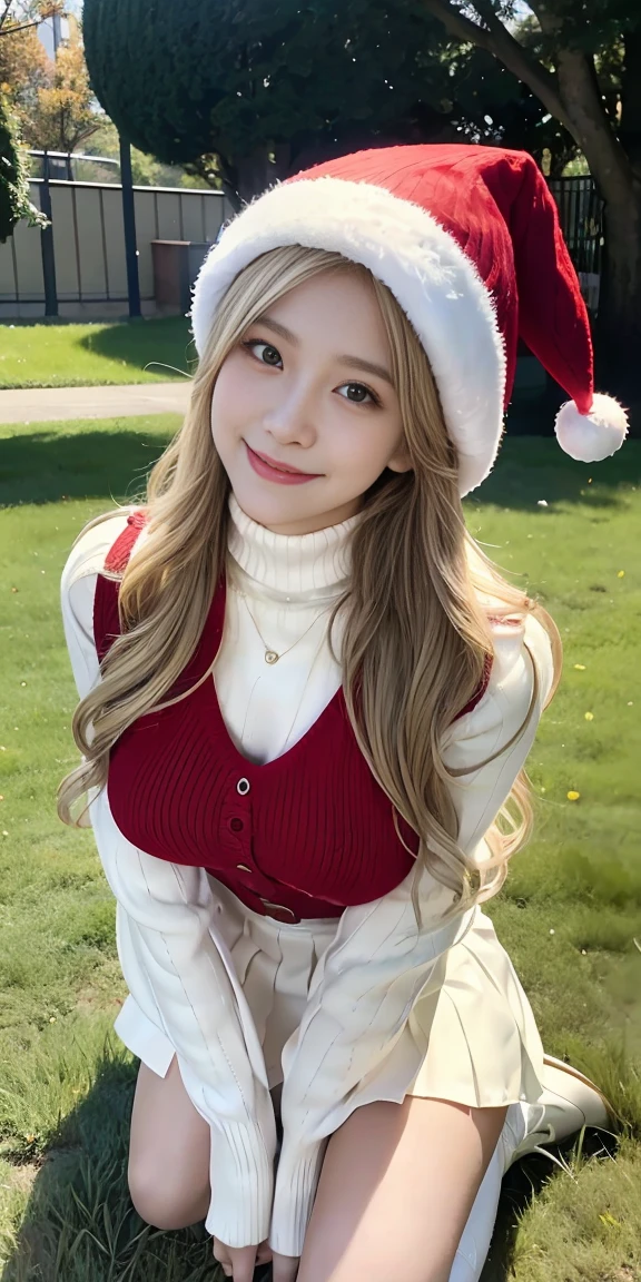 23-year-old woman, Long dark blonde wavy hair、Santa Claus Costume、Red and white knit hat、White turtleneck sweater, Puffy nipples、white and red pleated skirt、,Medium Milk, Cute Smile、(lean forward to emphasize the chest)、、Beautiful Necklace、Red High Heels、sexy lace panties、Visible shot of the whole body、On the grass in the park、Squat on your knees、Cute smile with upward glances