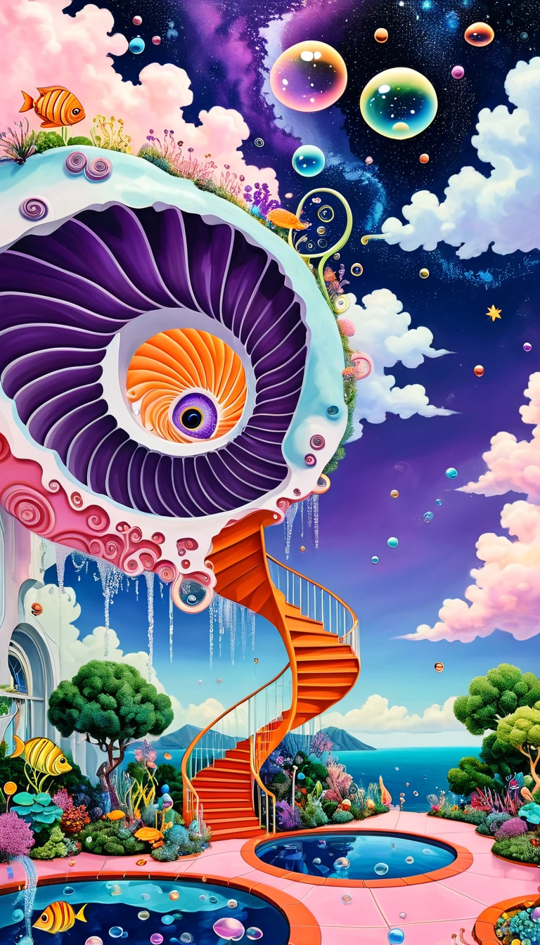 &quot;Dick Ellescas Artist Style&quot;,3D transparent conch-shaped swimming pool in the sky，沐浴的章fish，Platform、Starry Sky、cloud，fish、Tentacles、bird、Eye、Soap bubbles，diatom，Spiral Staircase，Stitching together an abstract painting，Describing the inner world of autistic people，Sense of space，White Space，interesting，Innocence，Psychedelic Art，Dense pointillism，Pink theme，Bold contrasts，Purple and Orange