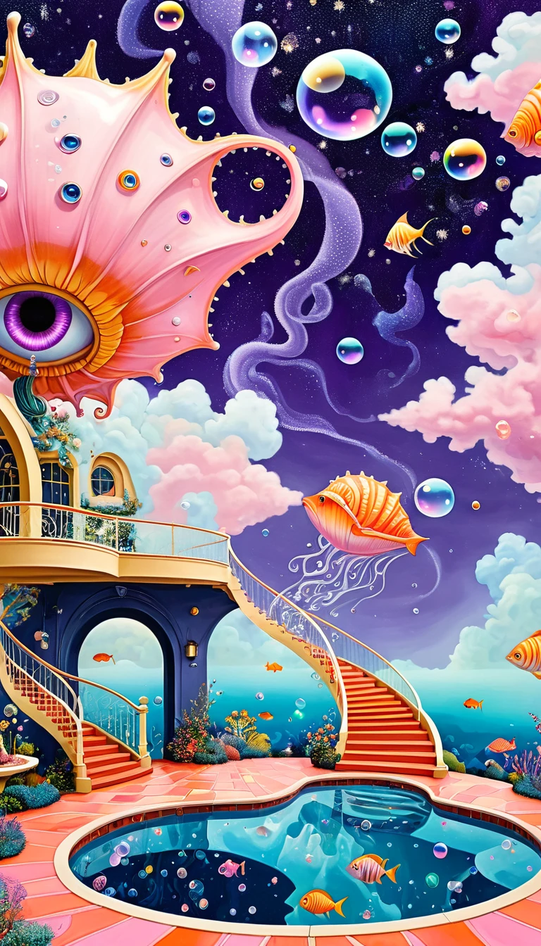 "Dick Ellescas Artist Style",3D transparent conch-shaped swimming pool in the sky,沐浴的章fish,Platform、Starry Sky、cloud,fish、Tentacles、bird、Eye、Soap bubbles,diatom,Spiral Staircase,Stitching together an abstract painting,Describing the inner world of autistic people,Sense of space,White Space,interesting,Innocence,Psychedelic Art,Dense pointillism,Pink theme,Bold contrasts,Purple and Orange