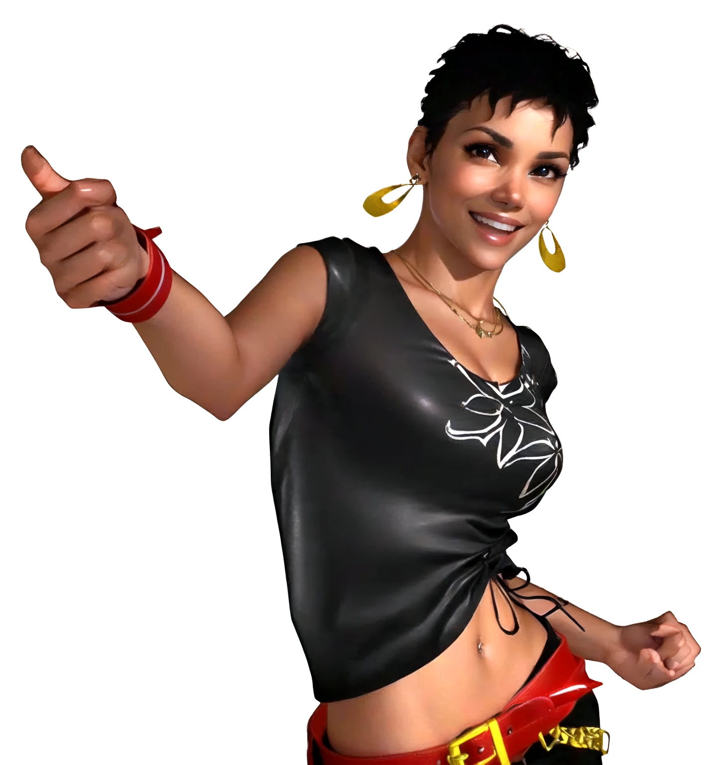 she's black, black hair, dark brown eyes, (eyes turned to look at the camera), swedish, as a character in Out Run 2, of SEGA, 3D CG from the 2000s, Holly, 2k, 2 k, ((smiling face)), realistic, render of halle berry, fighting game character, nina from tekken, bright clean face, from devil may cry, wide open curious eyes, carefree pose, black leather shirt with black and white flower art on it, simple golden necklace and earrings, right thumb up, red belt, red wristband, smiling open mouth as to say "yeah!"