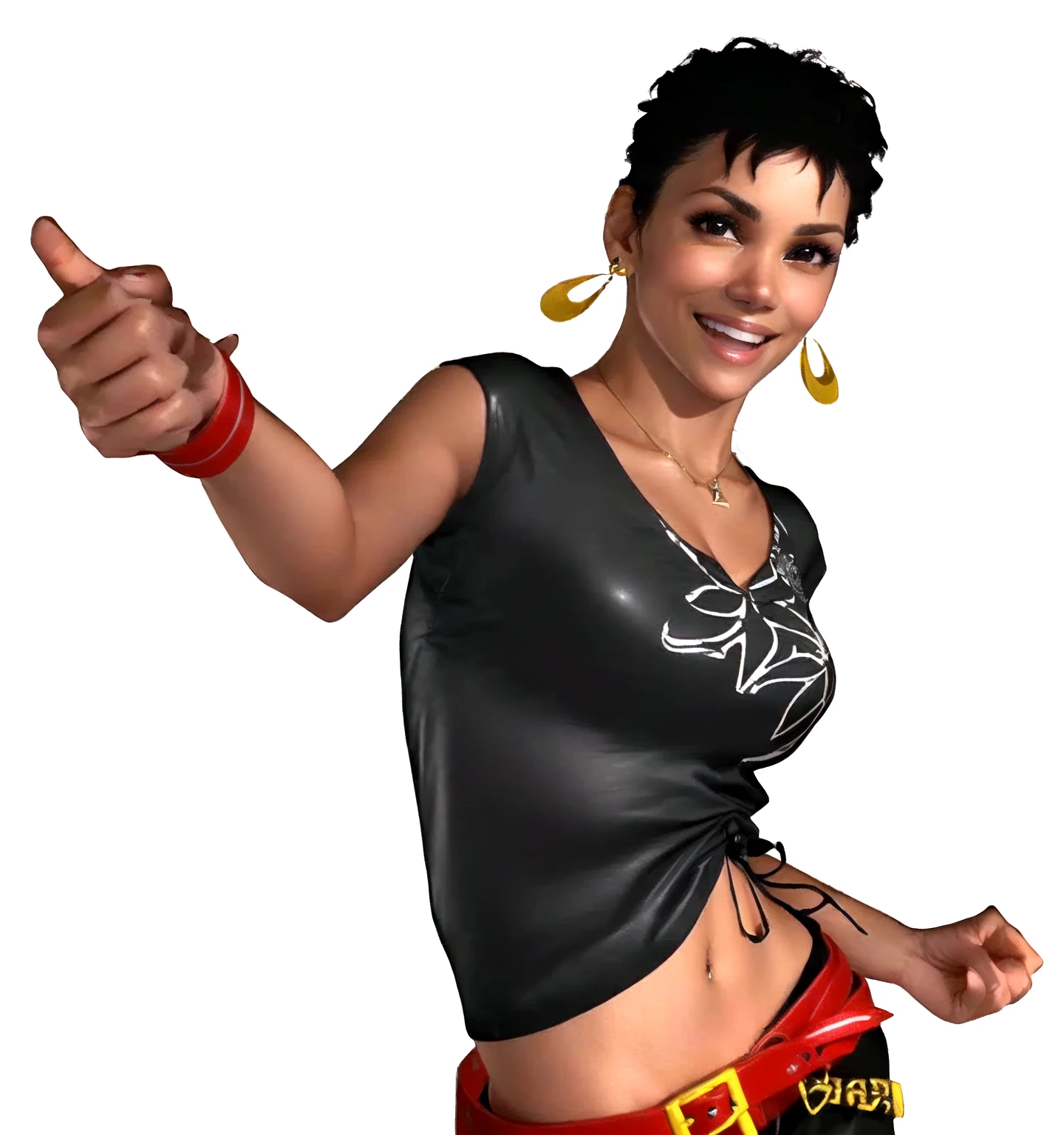 she's black, black hair, dark brown eyes, (eyes turned to look at the camera), swedish, as a character in Out Run 2, of SEGA, 3D CG from the 2000s, Holly, 2k, 2 k, ((smiling face)), realistic, render of halle berry, fighting game character, nina from tekken, bright clean face, from devil may cry, wide open curious eyes, carefree pose, black leather shirt with black and white flower art on it, simple golden necklace and earrings, right thumb up, red belt, red wristband, smiling open mouth as to say "yeah!"