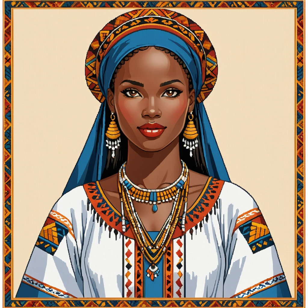 cross stitch pattern, chad woman in folk outfit
