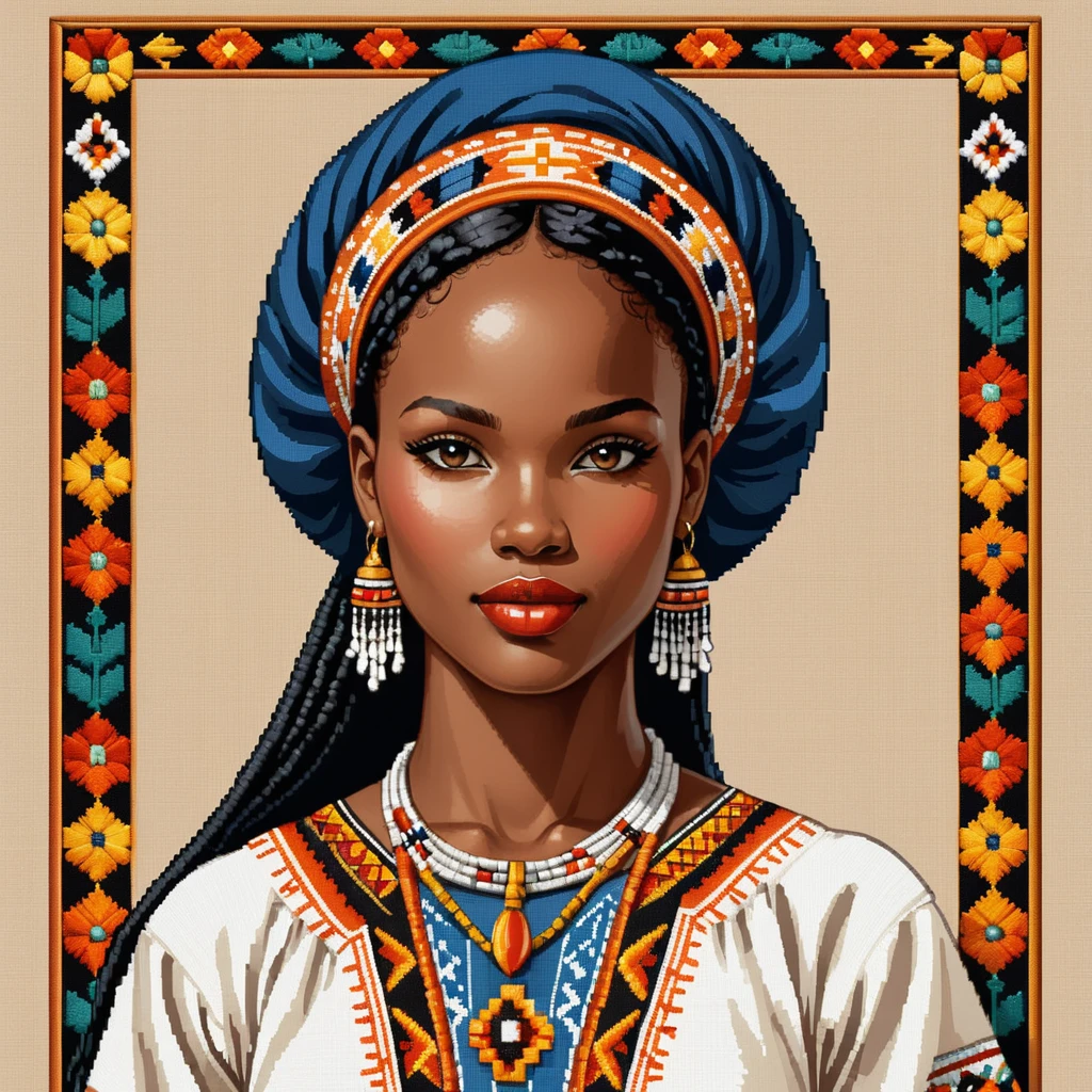 cross stitch pattern, chad woman in folk outfit