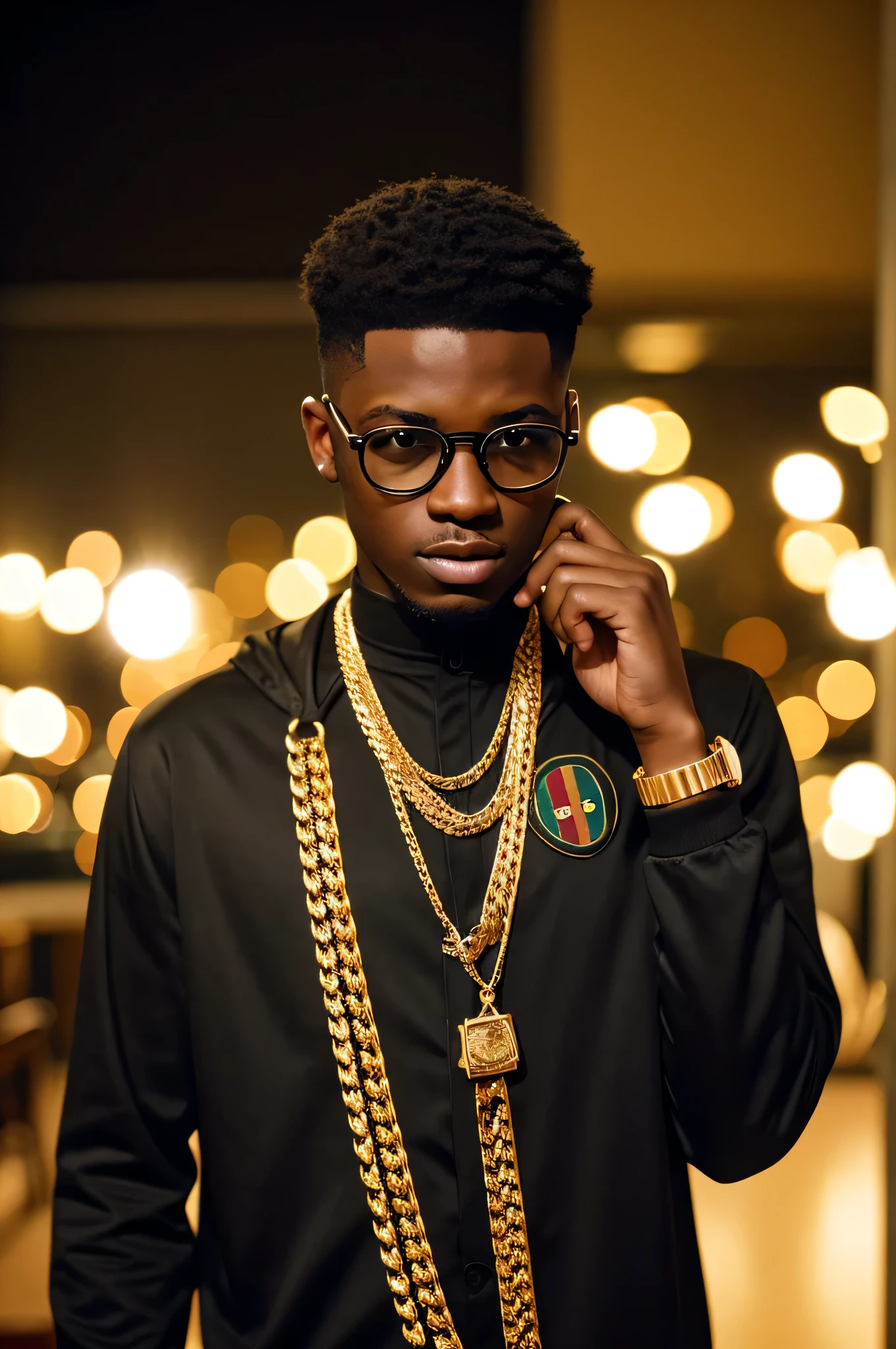 young black men wearing gucci with gold diamonds glasses , 4:3, photo 12k resolution hash flash lighting, shot on ALEXA 65, Velvia 100 , underexposed, Voigtlnder Nokton 50mm f1.1, in the style of Martin Nikon Z 8 with Zoom Lens | with 24-120mm
