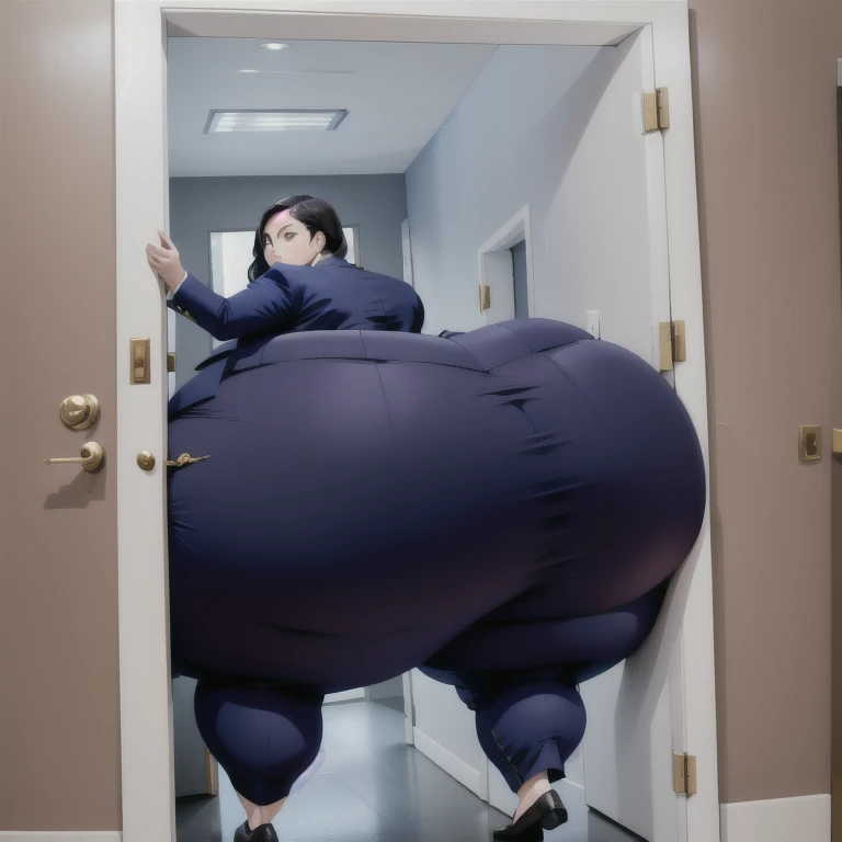 masterpiece, 1girl behind a doorway, from behind, (doorstuck, stuckbehind:1.3), huge hips, round belly, thick thighs, giant butt,colorful clothing, wearing a blue suit and tie and formal pants, upset, desperately trying to wiggle through, she tries to free herself but she won't budge, she is stuck tight view from behind, she is too wide, the doorway is quite narrow too, she kicks her legs furiously, trying to wiggle her hips through the small door