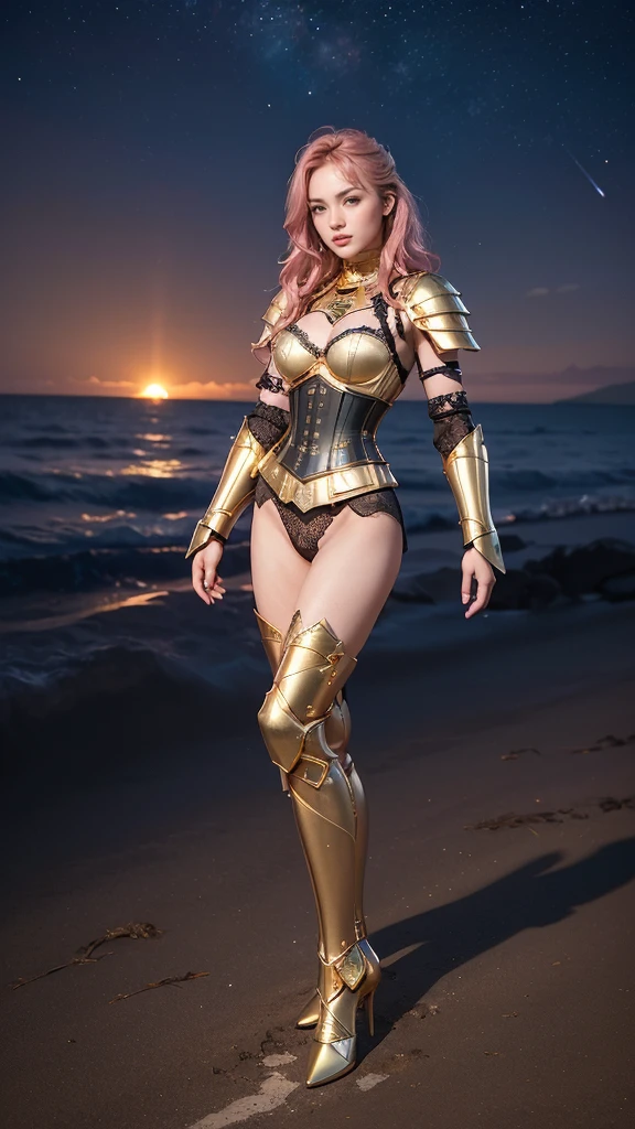 Masterpiece, best quality, awards winning photograph, 1girl, (black lace underwear:1.3), ((corset armor)), (black lace bra:1.4), extremely beautiful, fit body, full makeups, blue eyes, ((full legs armor:1.3)), ((gold legs armor:1.3)), ((full hands armor:1.3)), ((gold hands armor:1.3)), wavy hair, ((pink hair)), gold hair-accessories, extreme details, crisp picture, ((model posing in the middle)), ((symmetrical pose:1.2)), (full body portrait:1.3), front view, small breasts, (perfect anatomy), volumetric lights, octane rendering, night at the beach, sea, orange clouds, full of stars, aurora borealis, shooting stars, backlight, from below, front view, (cameltoe:1.3)