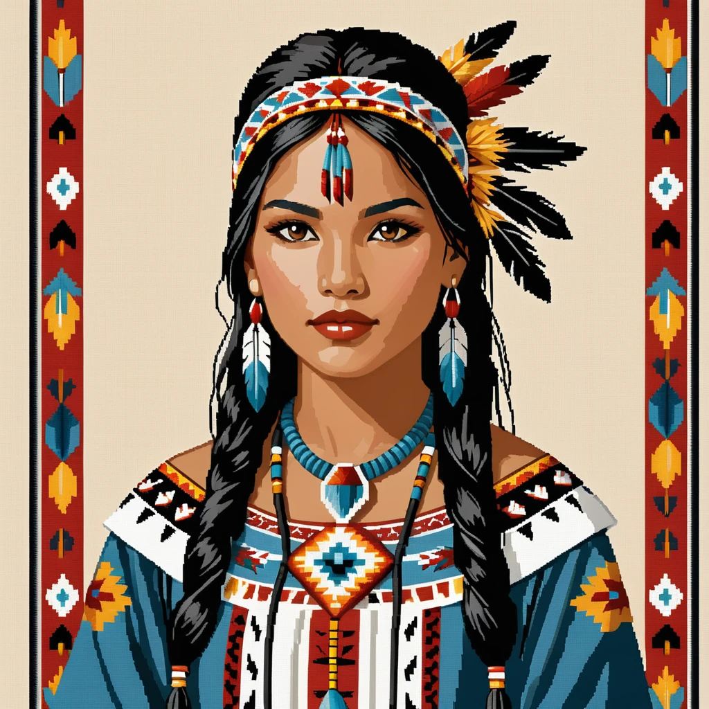 cross stitch pattern, native american woman in folk outfit
