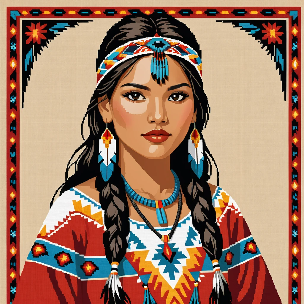 cross stitch pattern, native american woman in folk outfit