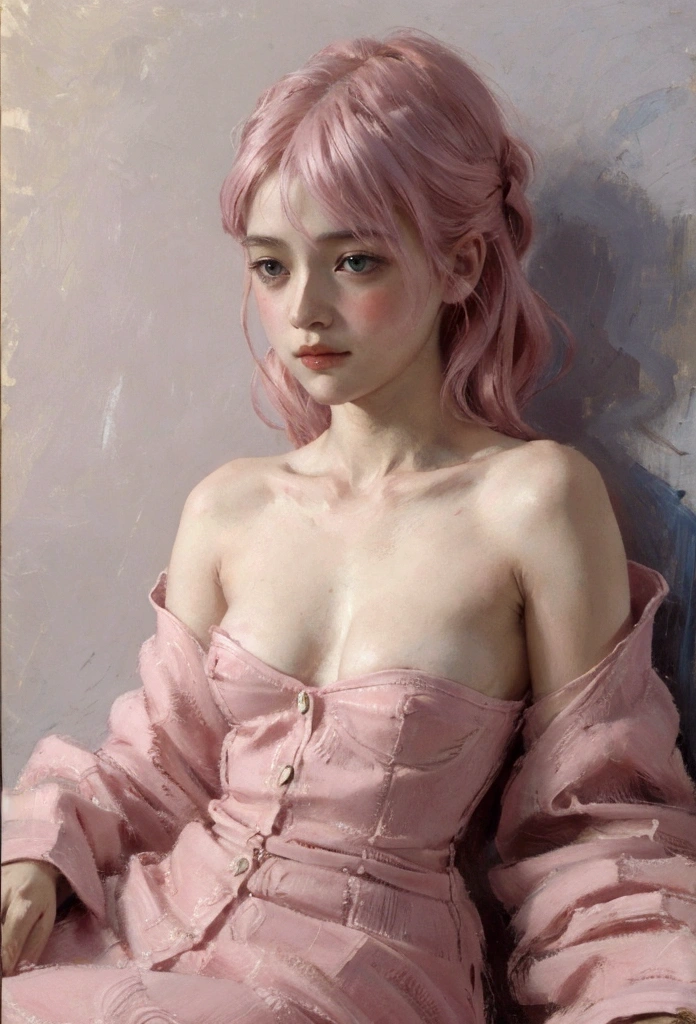 Naked woman, laying rising hand, pink hair, depressed