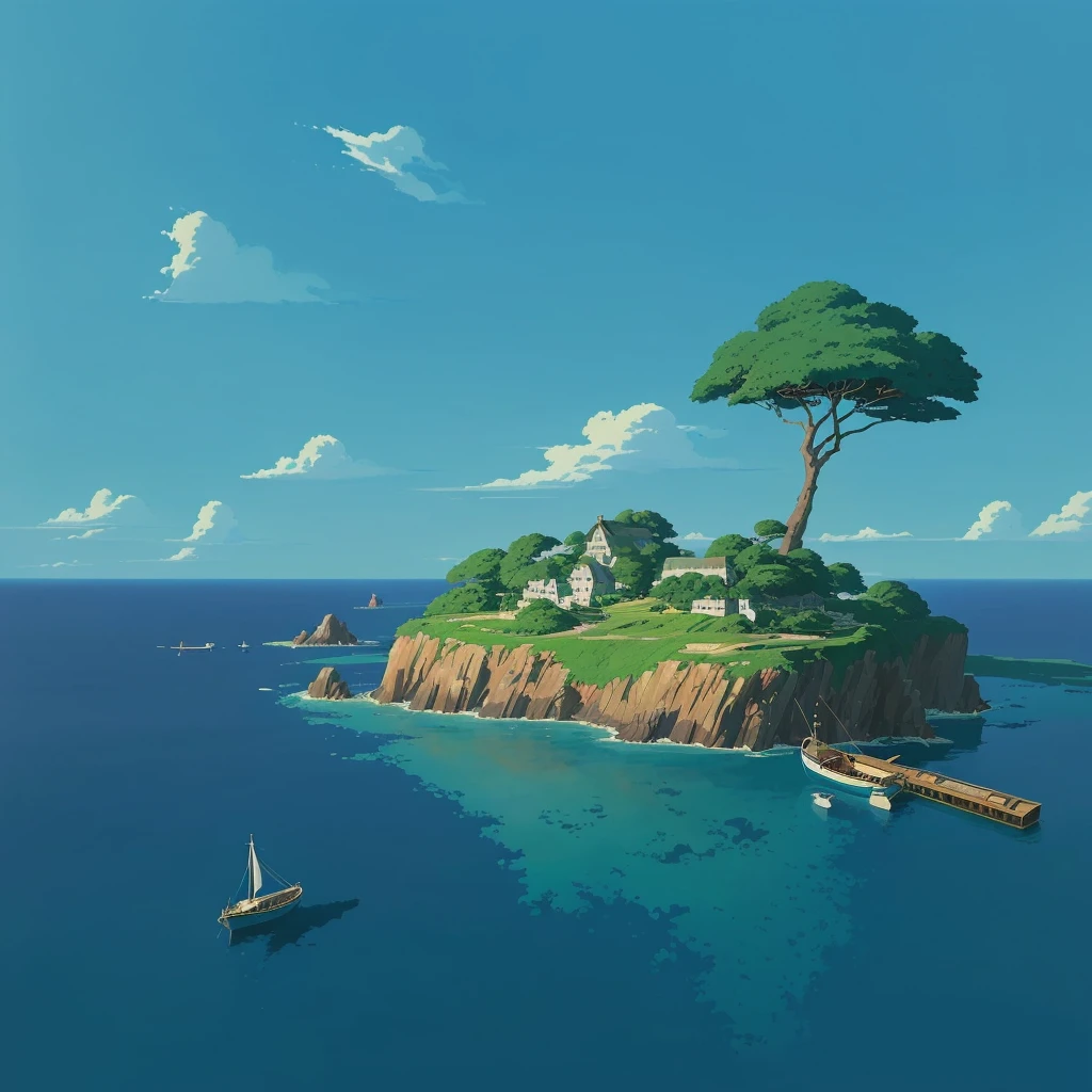 painting of a small island with a lookout and a boat, enviroment, conceptual artwork suave, Ghibli Studio Landscape, not style of hayao miyazaki, composition, painting-like, in style of studio ghibli, conceptual artwork, Ghibli Film Studio still, pictorial style