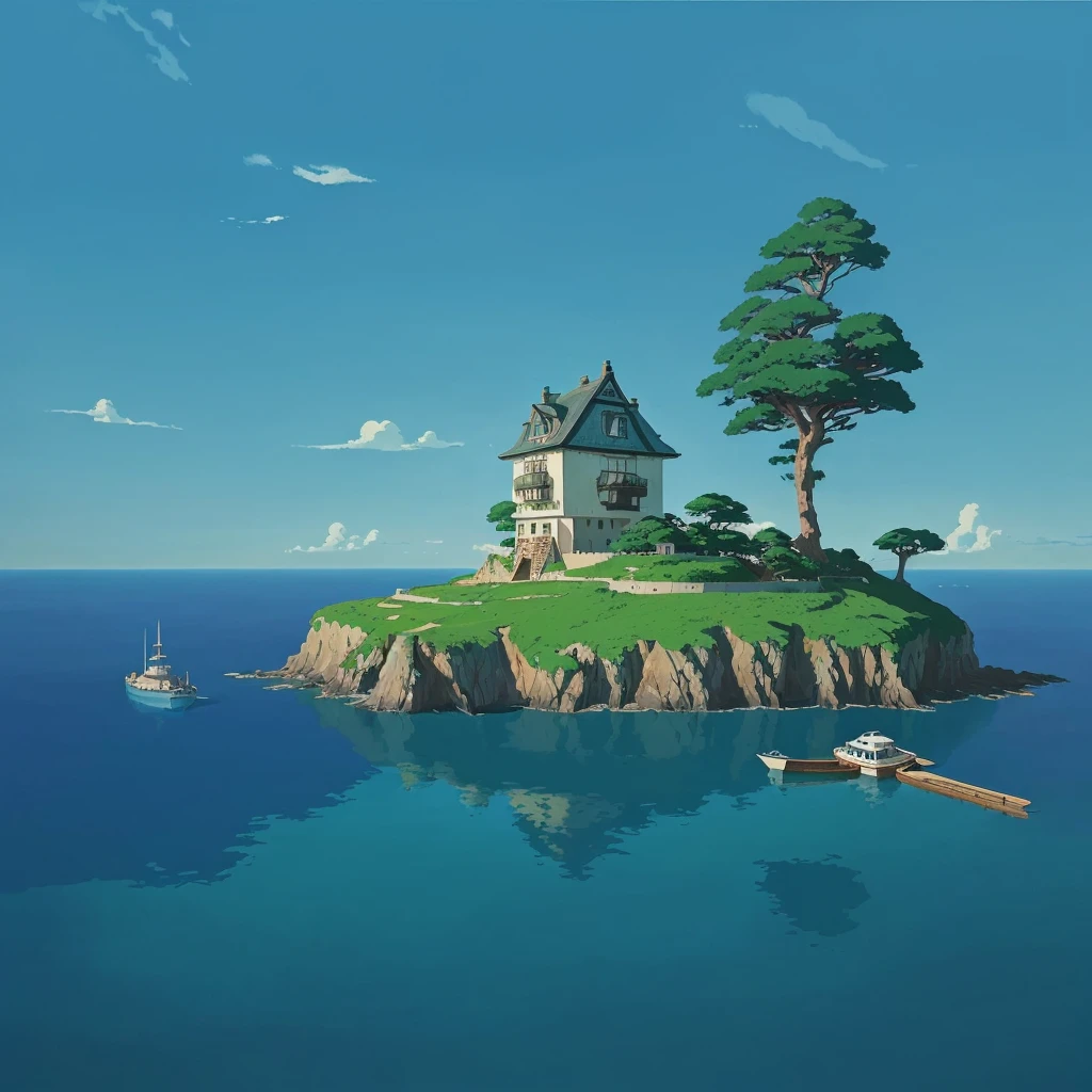painting of a small island with a lookout and a boat, enviroment, conceptual artwork suave, Ghibli Studio Landscape, not style of hayao miyazaki, composition, painting-like, in style of studio ghibli, conceptual artwork, Ghibli Film Studio still, pictorial style