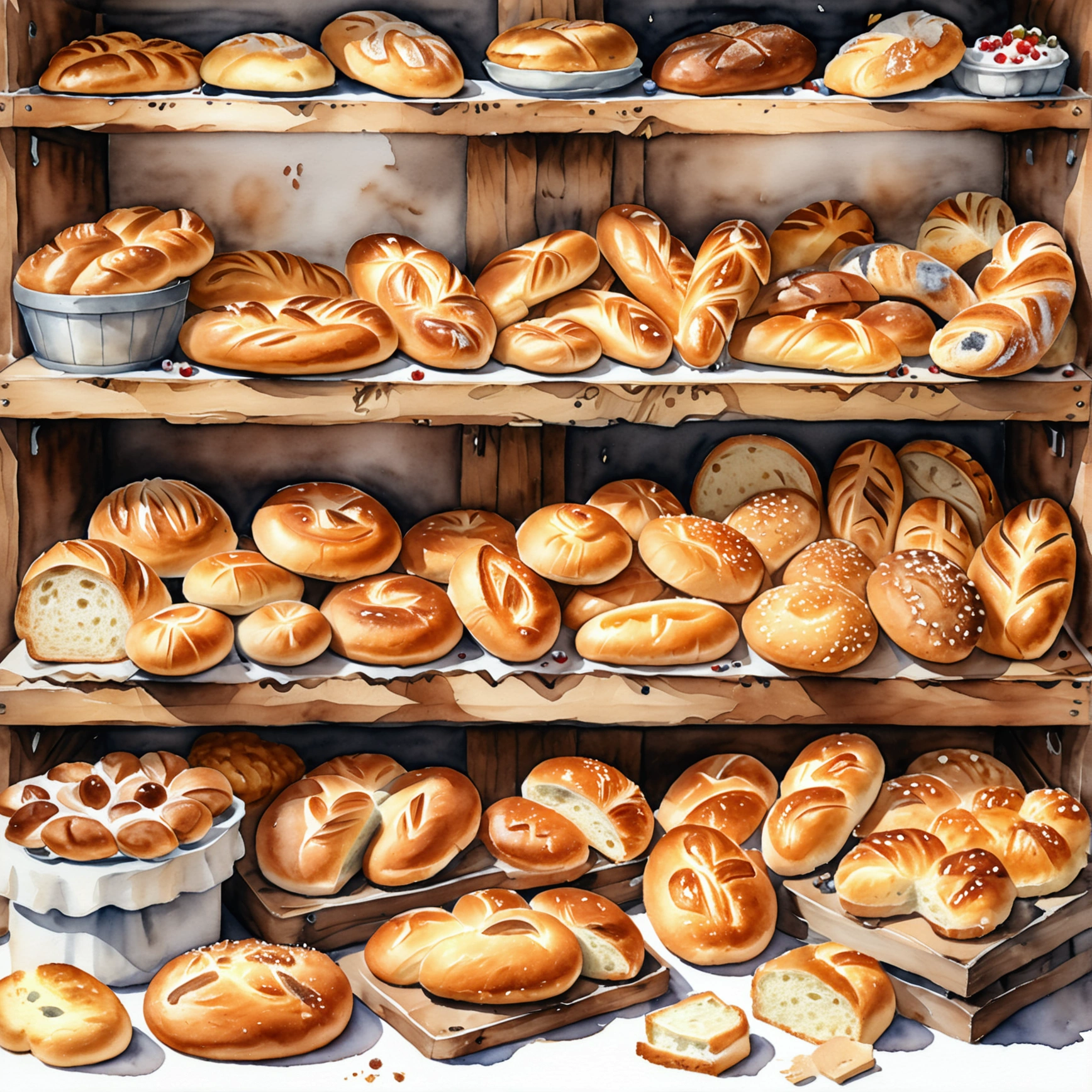 Traditional wooden bakery food stall, many type full of bread, cake, illustration, baking ingredients, isolated with solid white background, surrounded with negative space, centered composition, 8k, highest detailed painting, very precise painting, Isolated, clear solid white background, perspective angle of view, cartoon style, ((watercolor:1)), clip art, (lora:add-detail-xl:1), (masterpiece), (best quality),