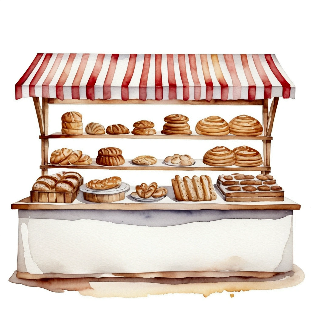 Traditional wooden bakery food stall, many type full of bread, cake, illustration, baking ingredients, isolated with solid white background, surrounded with negative space, centered composition, 8k, highest detailed painting, very precise painting, Isolated, clear solid white background, perspective angle of view, cartoon style, ((watercolor:1)), clip art, (lora:add-detail-xl:1), (masterpiece), (best quality),