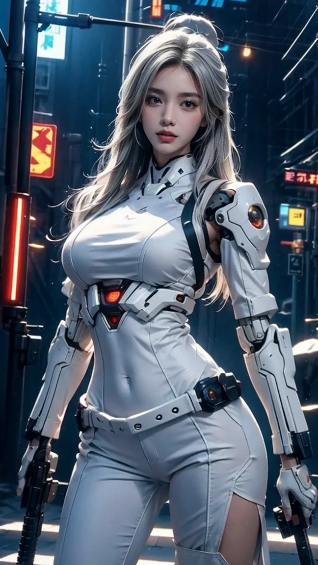 photorealistic, high resolution, soft light,1women, solo, hips up, (detailed face), white long hair, narutal big breast, (naked), cybersamurai, cyborg at leg and arm, naked body, small breast, cyberpunk, holding gun, glowing, gun, sniper, on the street, with mecha