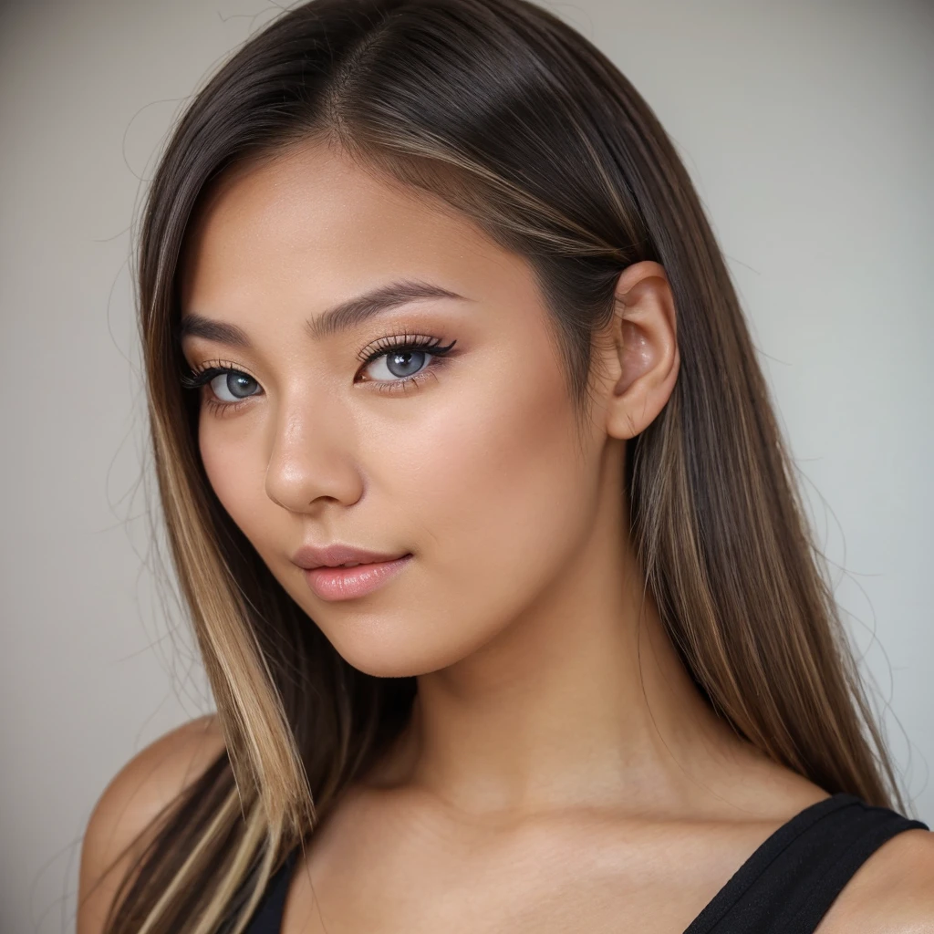 A young 19-year-old woman named Lila Nakamura with Northern European heritage. She has thick dark black eyeliner, glossy lips, and a cute, endearing expression. She has straight, blonde hair with black highlights that falls just past her shoulders, styled in a neat and polished manner. Her eyes are almond-shaped with a light, striking blue color, accentuated by subtle eyeshadow and mascara. Her skin has a light tone with a natural, fresh look.