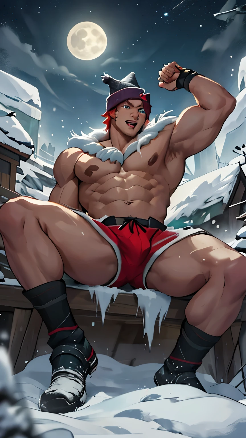 (Masterpiece, best quality),1 Boy, (Obscenity),childhood,side,Naked and lying in the snow,obscene expression,Young age,Short round face,Flat chin,Smooth and detailed face,red panties,Have muscles,bright orange short hair,blue eyes,Open his eyes wide,complicated,full body,nakedness,Obscenity,Teal panties,กล้ามเนื้อabdomen,nighttime,moon,bright colors,(depth of field:1.2),(abdomen),looking at the audience,Lying down in the snow,spread their legs,open arms,Falling snowflakes,There were many diamond-shaped ice cubes on the ground.,cold temperature, Sett, The Boss (League of Legends), 比基尼, Big muscles, Broad shoulders, handsome, The skin is doused with oil., moon, stars, Santa's Hat, 比基尼, 比基尼, 比基尼, 比基尼,