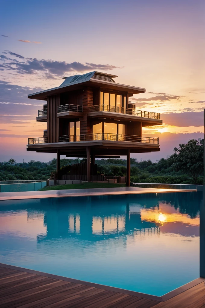 Resort with Zaha Hadid style tower with wood and metal texture, hotel with infinity pool, a twilight with sunset on the farm in high quality, cattle farm, 8k UHD