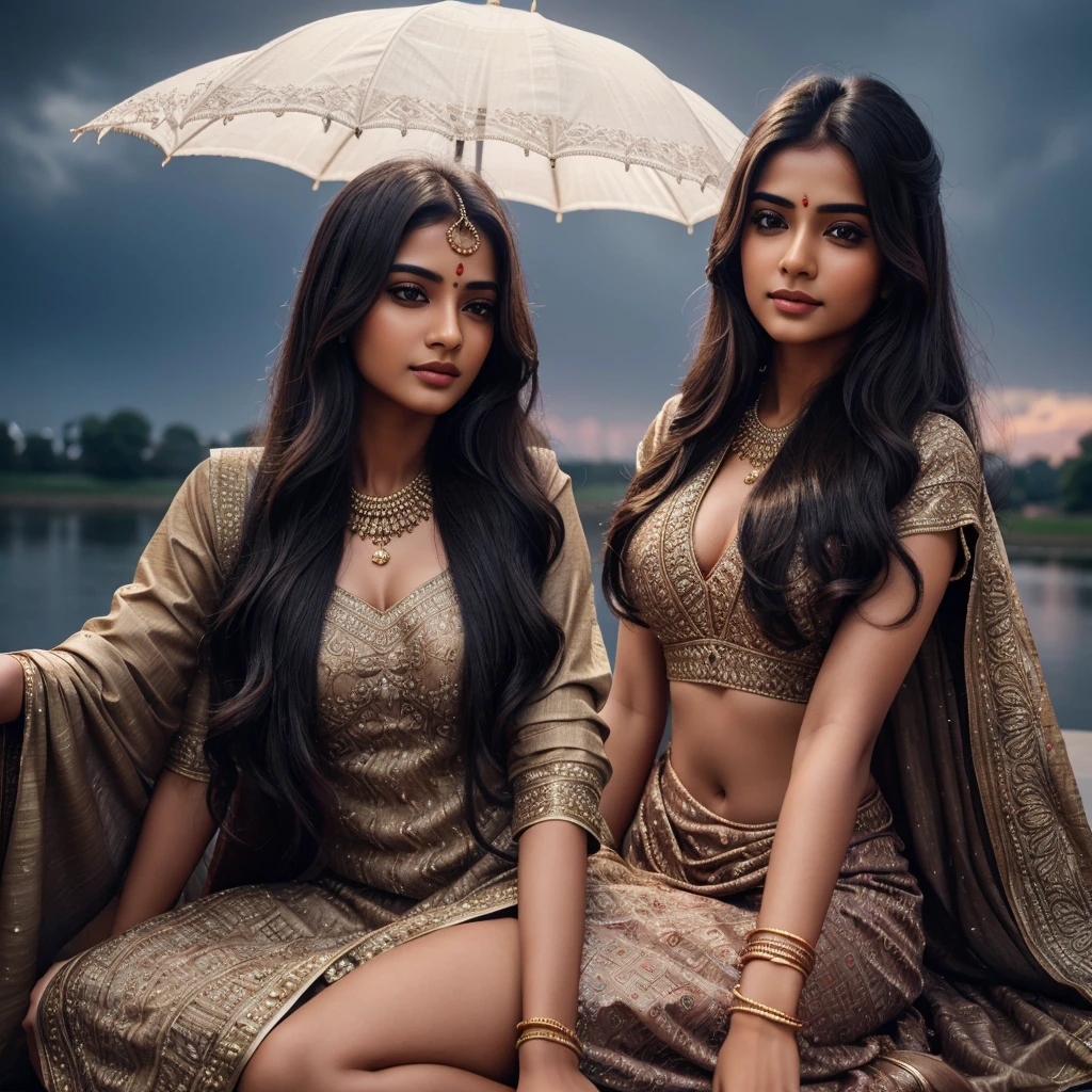 8K, ultra high detailed, an indian solo girl, cute face, happy, long hair, impressive hairstyle, detailed eyes, detailed lips, indian clothes, salwar suits, lace, wearing jewellery, weather background, , evening dark , shadow, moonsoon weather,