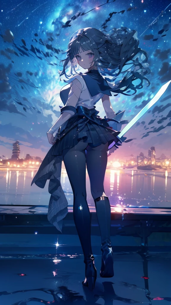 (whole body),Sailor Saturn, purple Sailor collar, Sailor collar, Sailor Warrior Uniforms,Elbow Handbag,Braided knee-high boots,Gold tiara on forehead, Tomoe Hotaru, space, silence_sword,, (masterpiece:1.2), (Highest_quality:1.2), (Ultra_detailed:1.3), 8K, very_clear, Breaking Dynamic Shots,Kung Fu Pose,Highestquality, High resolution, ユニティ 8K 壁紙, (shape:0.8), (Beautiful and fine grain:1.6), verydetailedな顔, Perfect Sentence, detailedなCG, (Perfect hands, Perfect Anatomy),Thick thighs, Place one hand on hip,Squat,Spread your legs,Dynamic Angle, (From behind,I had already finished, Remember),Look down,From below,