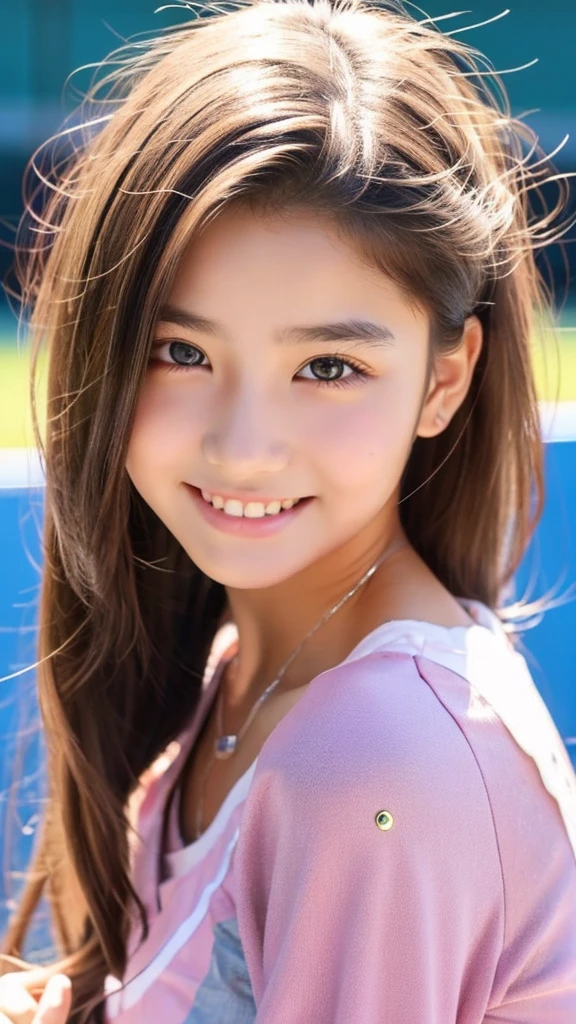 15 years old。smile、Beautiful eyes、Beautiful colored clothes、tennis、Sparkling、Shine、Charm、