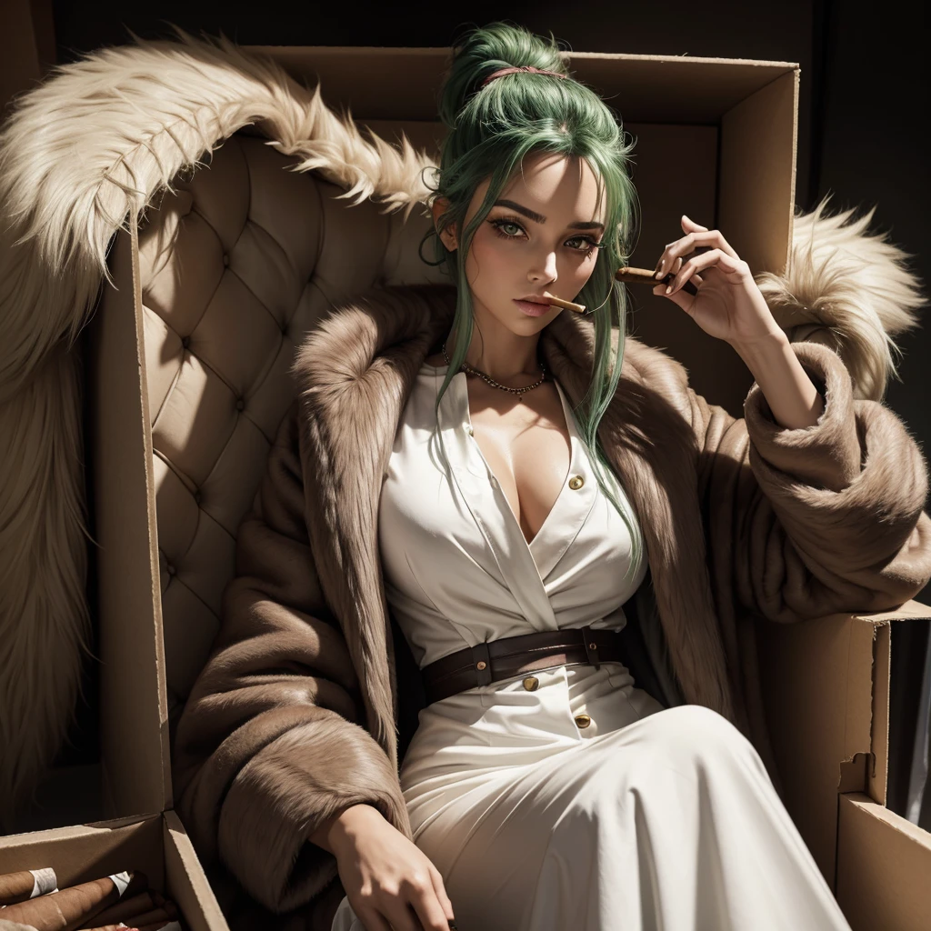 Woman, hair green, scar above the nose, Bust Big, long hair tied, sitting in a box, smoking a cigar, fur coat on her back, white blouse