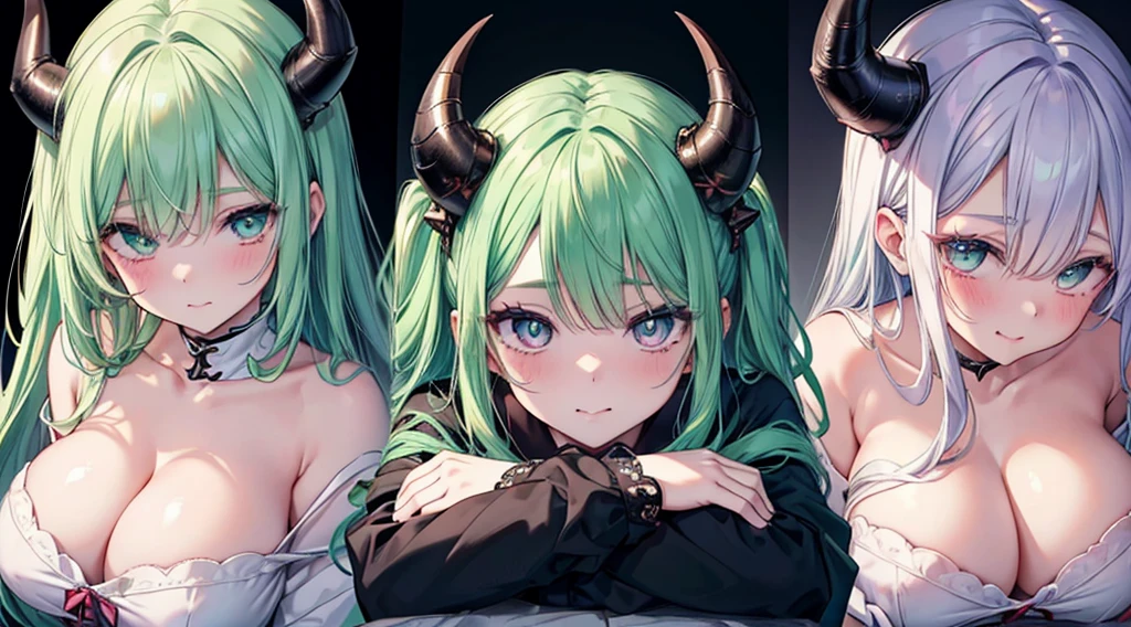 2 girls, demon girl, demon horns, hugging each other, kissing, groping chest, blushed face, black shirt, white skirt, beautiful eyes finely detailed, big breast, (light green hair color), a picture by Shitao, pixiv, anime girls, seductive smile while unbutton her shirt, licking her own lips, (beautiful detailed eyes:1.6), extremely detailed face, perfect lighting, extremely detailed CG, (perfect hands, perfect anatomy).