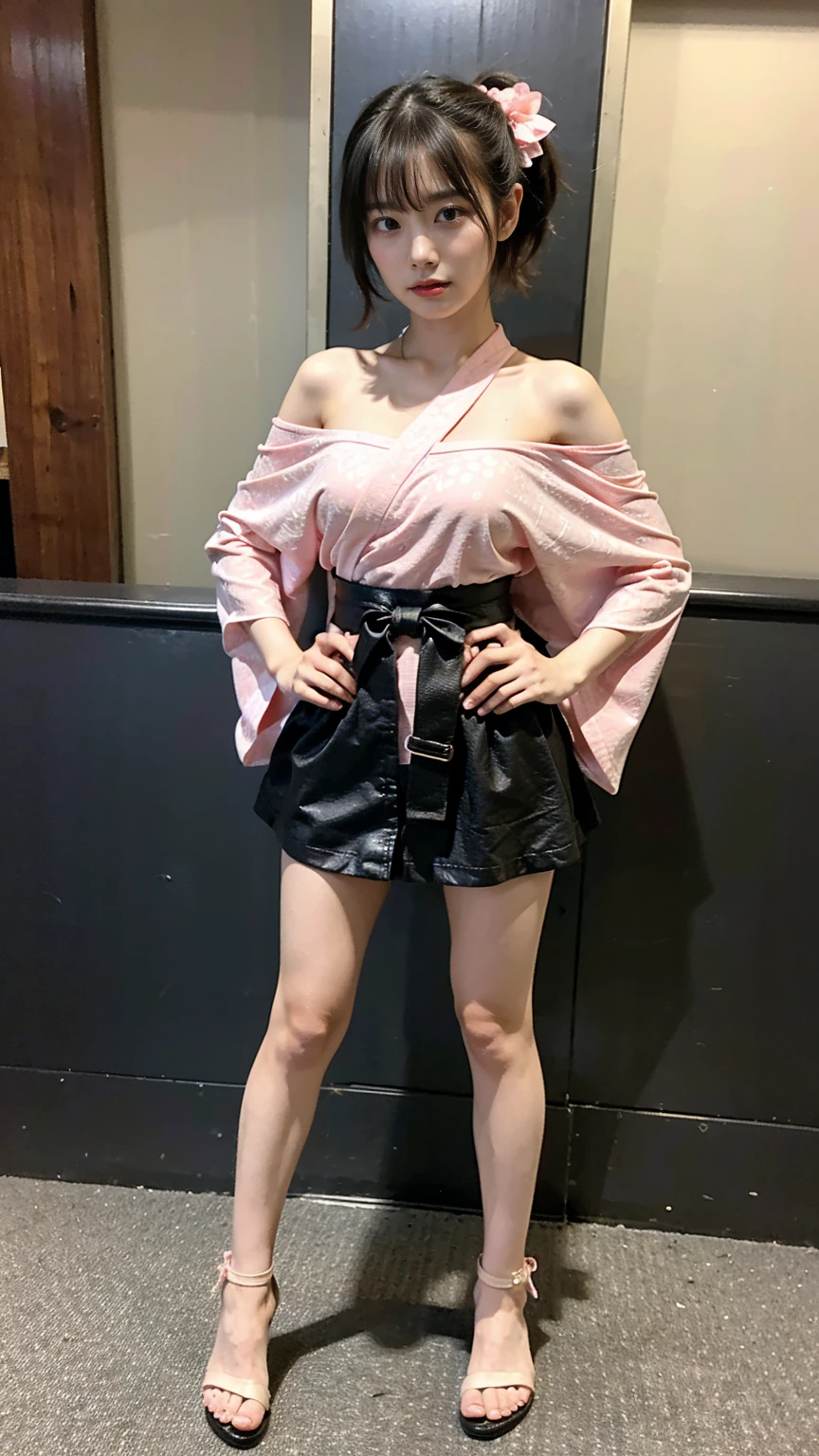 (8K、RAW Photos、Highest quality、masterpiece:1.2)、(Highest quality、Realistic)、1 Girl、((ribbon、Pink and black、See-through、ponytail、Off the shoulder、Breast enlargement、Short kimono、Patterned、mini skirt、Thin legs、whole body、Sandals、garden、View from the front、Looking into the camera、Idol Costume、Stand with hands on hips))、cute