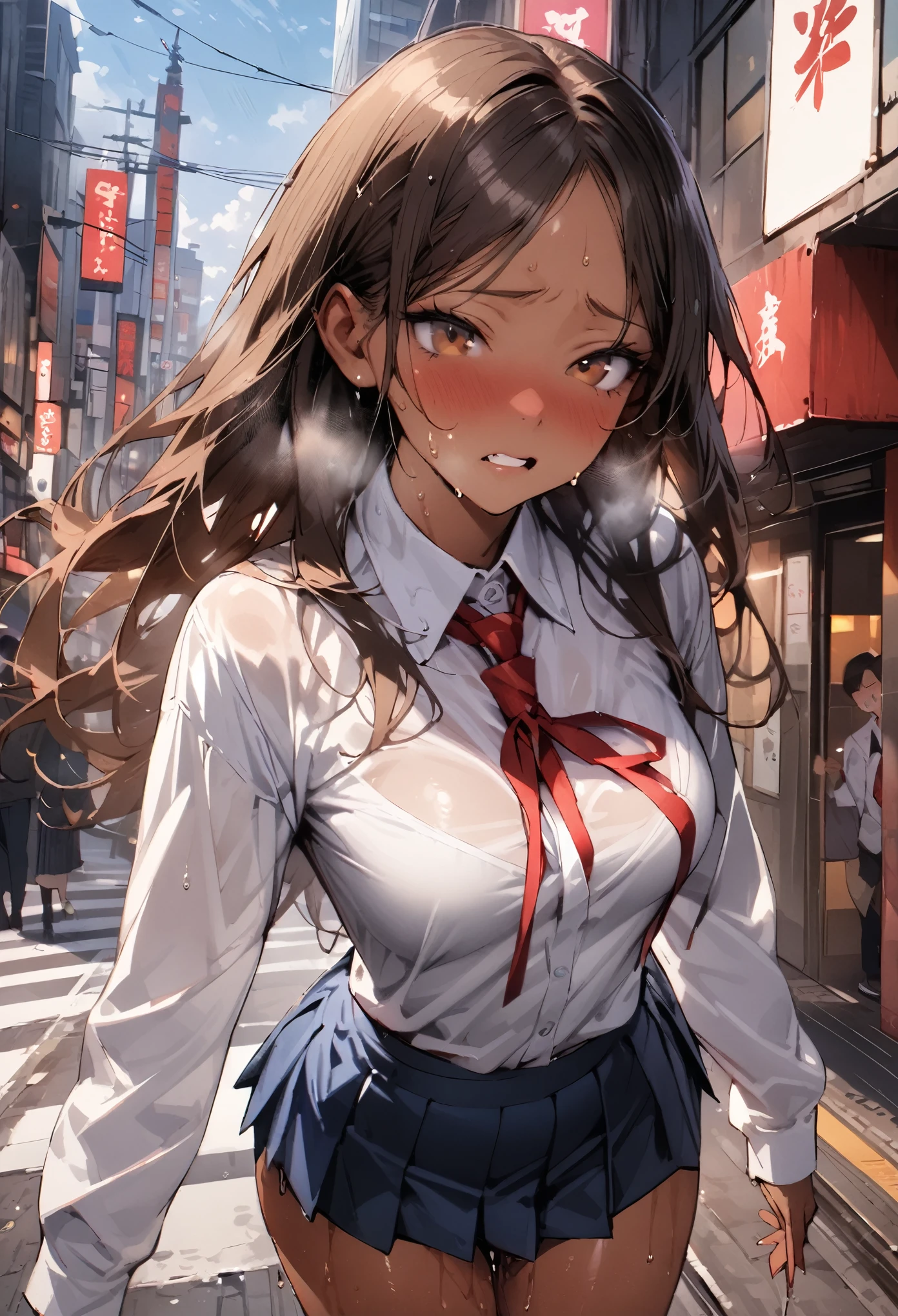 ((masterpiece,Highest quality:1.3,best quality illustration,realistic:1.3)),cowboy shot,独奏,1woman,(20-year-old、Japanese Beauty)、brown hair,long hair,center parted bangs,brown eyes,gorgeous eyes,((very small head:1.3)),shy,Heavy breathing,((very long body:1.2,skinny)),medium breasts,((tan skin:1.3)),(Red ribbon tie、White collared shirt、Long sleeve navy blue pleated mini skirt)),gleaming skin,toned body,slender body、Wet crotch、sweat,on street,Shibuya、Modern Tokyo、