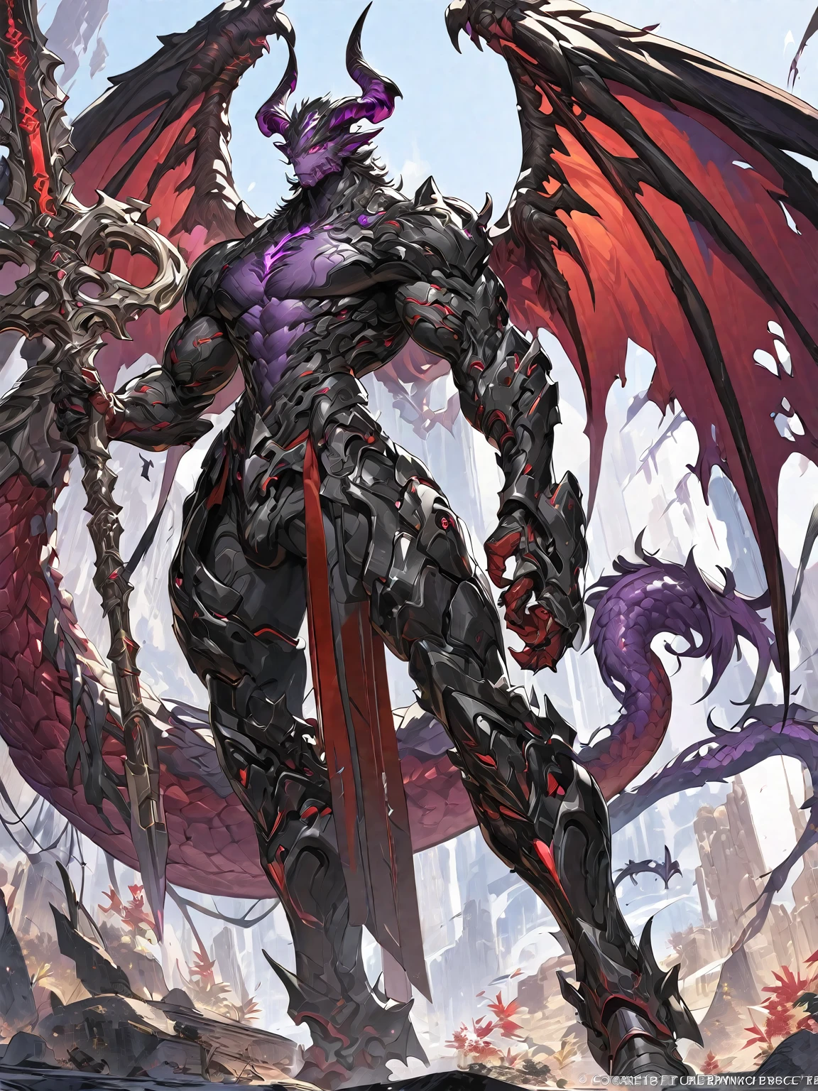Best quality 8K resolution, Highly detailed, Digital Painting, Concept art, of the highest quality, One, beautiful, 1 man, adult man, with a sporty body, V-shaped body, black detailed armor with glowing purple details, black demonic horns, with large and long dragon wings, short hair, black hair, purple with red tones reptile eyes, a man has a huge and long sword in his hand, Against the background of war