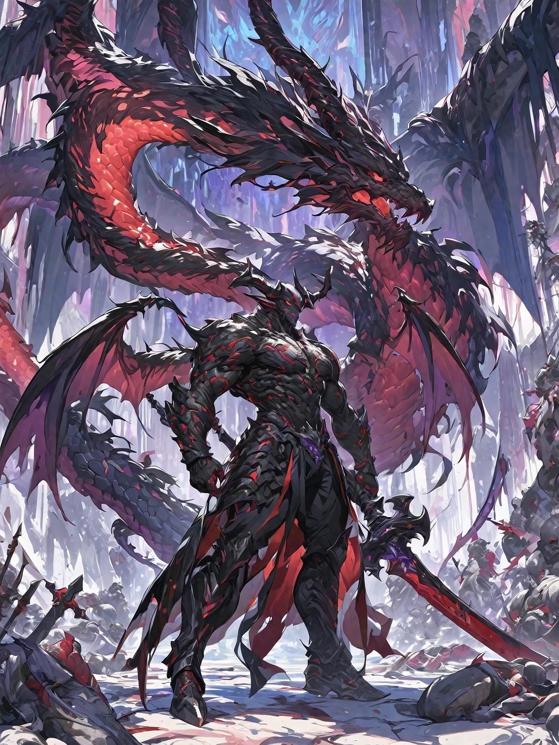 Best quality 8K resolution, Highly detailed, Digital Painting, Concept art, of the highest quality, One, beautiful, 1 man, adult man, with a sporty body, V-shaped body, black detailed armor with glowing purple details, black demonic horns, with large and long dragon wings, short hair, black hair, purple with red tones reptile eyes, a man has a huge and long sword in his hand, Against the background of 100 corpses