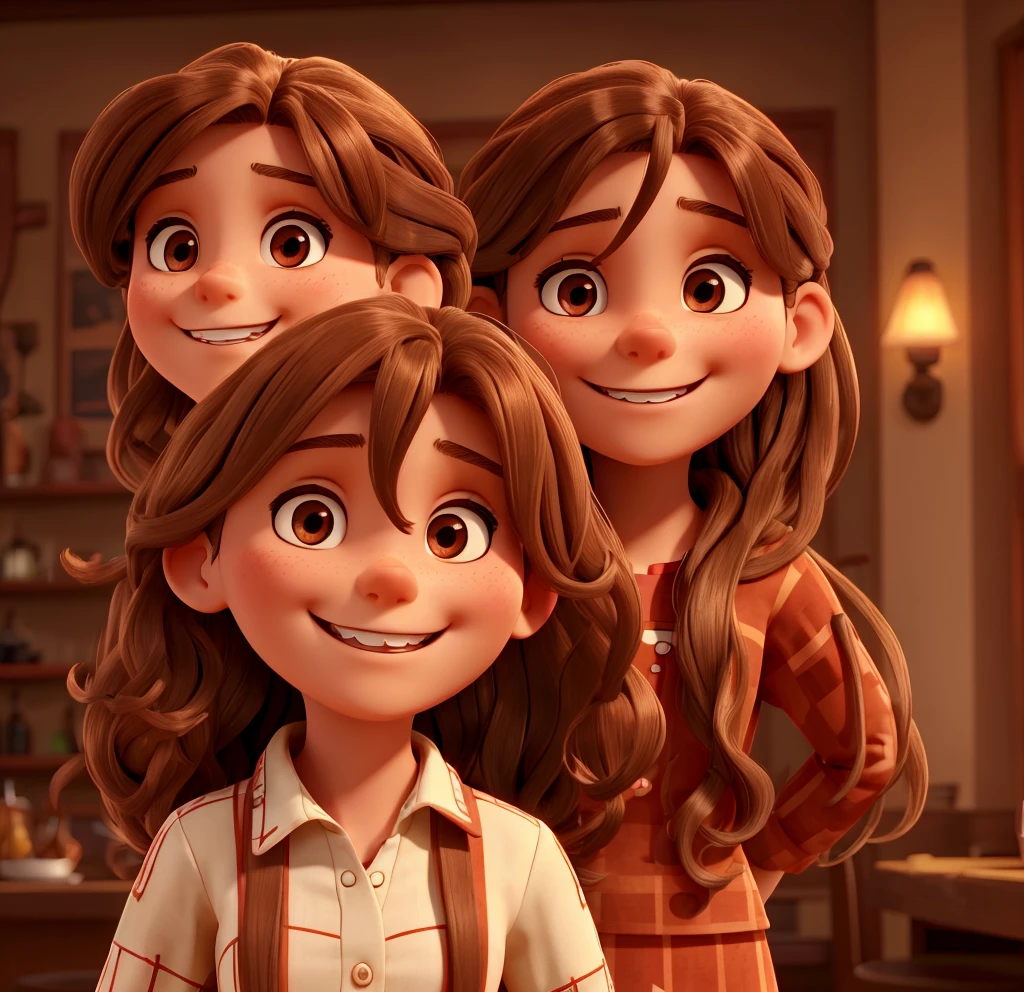 A young browned woman with long brown hair is smiling at the camera, her teeth showing with orthodontic appliance. She's wearing a red patterned top and has her hair styled in loose waves. The background suggests an indoor setting, possibly a restaurant or bar, with soft lighting that casts a warm glow on her face.