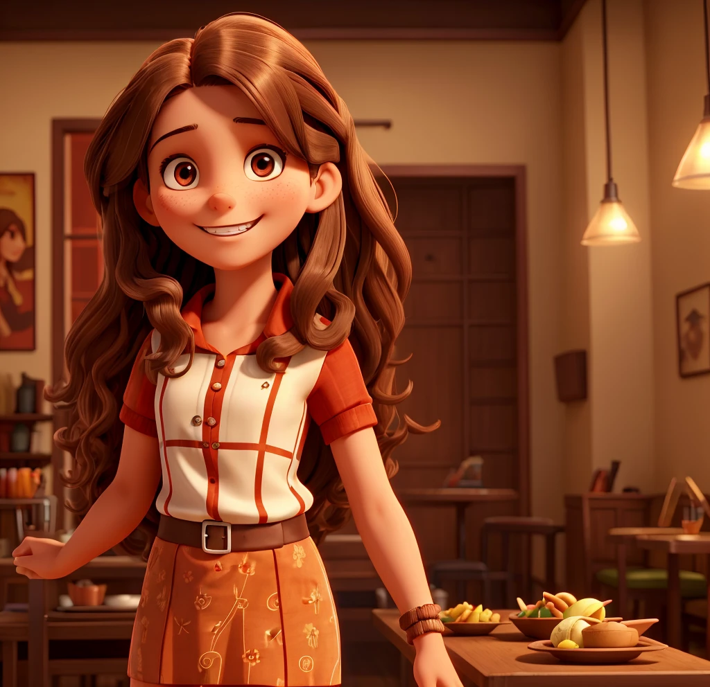A young browned woman with long brown hair is smiling at the camera, her teeth showing with orthodontic appliance. She's wearing a red patterned top and has her hair styled in loose waves. The background suggests an indoor setting, possibly a restaurant or bar, with soft lighting that casts a warm glow on her face.