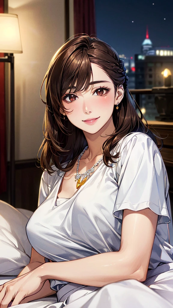 (masterpiece:1.3, Highest quality, Ultra-high resolution, Very detailed), (Realistic, photoRealistic:1.4), Beautiful illustrations, Perfect lighting, colorful, Written boundary depth,
Beautiful detailsまでこだわった髪, Beautifully detailed face, Beautiful details, Beautiful clavicle, Beautiful body, Beautiful big breasts, Beautiful thighs, Beautiful legs, Beautiful fingers,
Show Viewer、Front view:0.6, beauty1人, Japanese, beauty、30 years old, Perfect Face, (Perfect Anatomy, Anatomically correct), Cute and symmetrical face, , , Shiny skin,
(White short sleeve blouse:1.4)、(Long Flared Skirt:1.4)、
(Dark brown hair, Updo Hair:1.4), Dark brown eyes, The body is slim,
necklace、
(Beautiful views), (night), (Hotel room),(bed),((Lying down:1.4))、 優しいsmile、(smile, Lips parted),