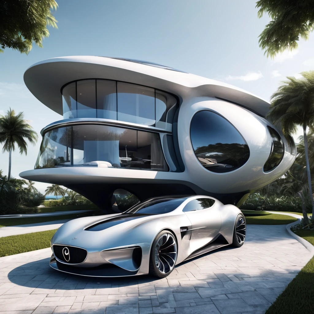 a futuristic house with a car parked in front of it, cgsocietywlop, beautiful curves, intricate devilish designs, qualia, interesting shapes & form, wow factor, elaborate polished, architectural rendering, miami, futuristic battlefield, inspired by James E. Brewton, precise architectural rendering