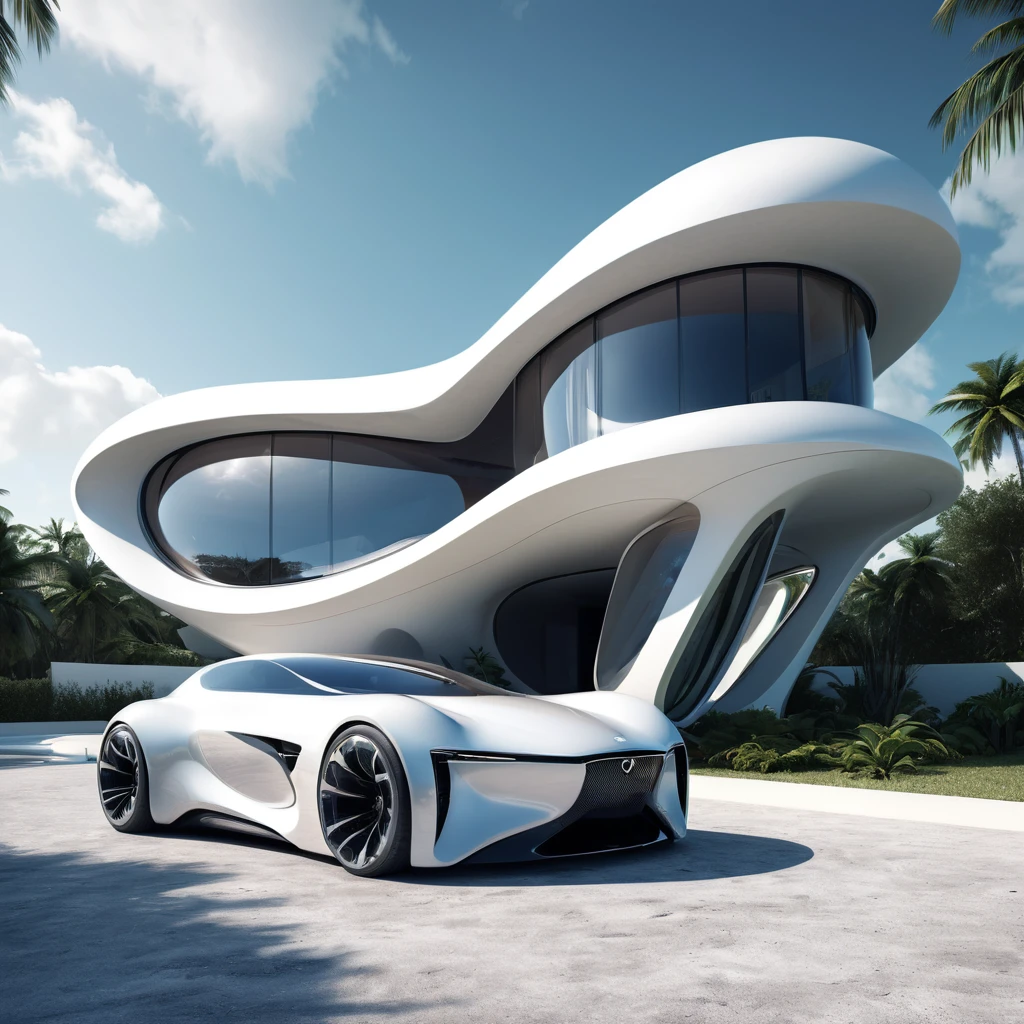 a futuristic house with a car parked in front of it, cgsocietywlop, beautiful curves, intricate devilish designs, qualia, interesting shapes & form, wow factor, elaborate polished, architectural rendering, miami, futuristic battlefield, inspired by James E. Brewton, precise architectural rendering