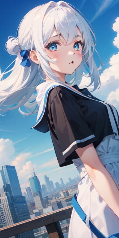 (work of art:1.2),best qualityer,extremely detaild,high resolution,4K,illustration,CG game,(1 girl:2),blue theme, blue sky,nube,citys,horizont,blue sky,cumulonimbus nube,camera flash,