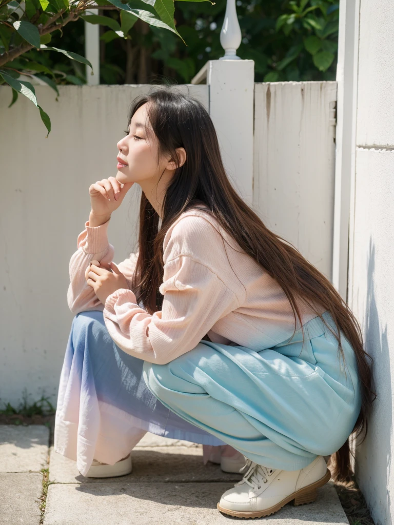 In front of a white door、(8K、RAW Photos、Highest quality、masterpiece:1.2)、1 Japanese female、High-quality RAW color photos、Professional photos、(Realistic、フォトRealistic:1.37)、Photographed in natural light、1 Girl、Laughter、(Various poses)、Squat、Squat、break (Ombre:1.3) 、Spring Clothes、 Simple Necklace、(Long sleeve dress)、(Beautiful profile:1.3)、Don'Don't look at the camera、profile、Shortcuts、((Brown Hair)、short hair、Eye is dark brown、(Beautiful profile:1.3)、Correct hand of human body、Simple Earrings