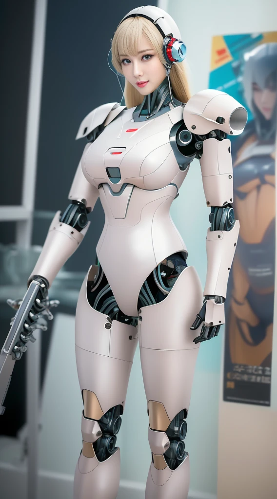 Jay super details, High Detail, high quality, best quality, High resolution，1 female robot，Beautiful female robot,beautiful clear face(Rain waves_haneame：1.5), huge combat weapon，Mechanical body(Smooth metal surface，armor，Mechanical seams of skin，beautiful body curves)，High-tech mechanical armor(future technology，Mechanical Technology，Highlight breast contour)