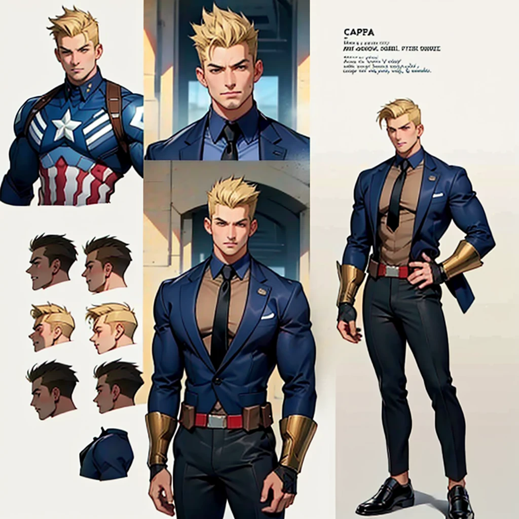 A model sheet of a muscular adult Captain America, short blonde quiff hair, shaved neck, wears a light beige suit-style outfit, dark blue blouse underneath and black tie, black pants and black shoes, Using detailed gauntlets, in different poses, various face angles, Facial expressions, 8k quality.
