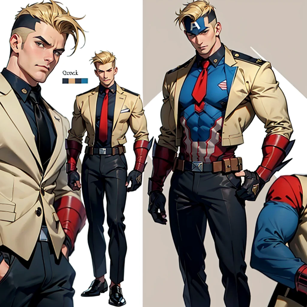 A model sheet of a muscular adult Captain America, short blonde quiff hair, shaved neck, wears a light beige suit-style outfit, dark blue blouse underneath and black tie, black pants and black shoes, Using detailed gauntlets, in different poses, various face angles, Facial expressions, 8k quality.