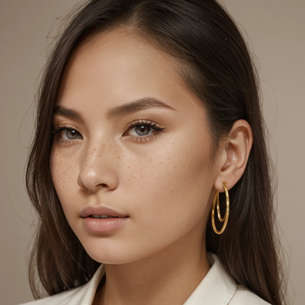 A young 19-year-old woman named Lila Nakamura with a Northern European heritage. She has thick dark black eyeliner, glossy lips, and a cute, endearing expression. She has straight, blonde hair that falls just past her shoulders, styled in a neat and polished manner. Her eyes are almond-shaped with a light, striking blue color, accentuated by subtle eyeshadow and mascara. Her skin has a light tone with a natural, fresh look, and she has a few delicate freckles across her nose. She is wearing a simple, professional outfit, consisting of a white blouse and dark jeans, and accessorized with small gold hoop earrings. The background is a neutral studio setting with soft lighting to highlight her features.