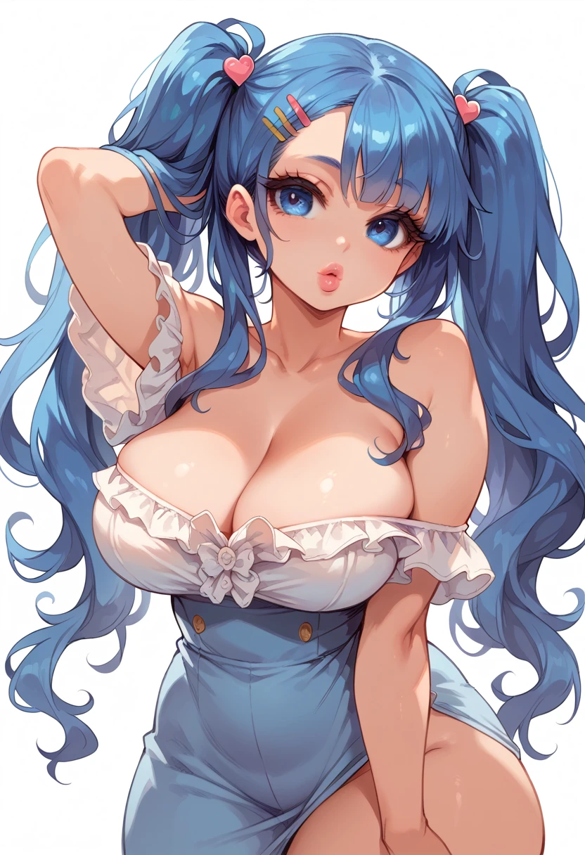 blue hair, long hair, pigtails, blue eyes, big lips, plump lips, big eyelashes, big breasts, big hips, hot, messy, sexy, cleavage, skinny, hourglass body, small waist, cute hair accessories, hair pins, cute clothes