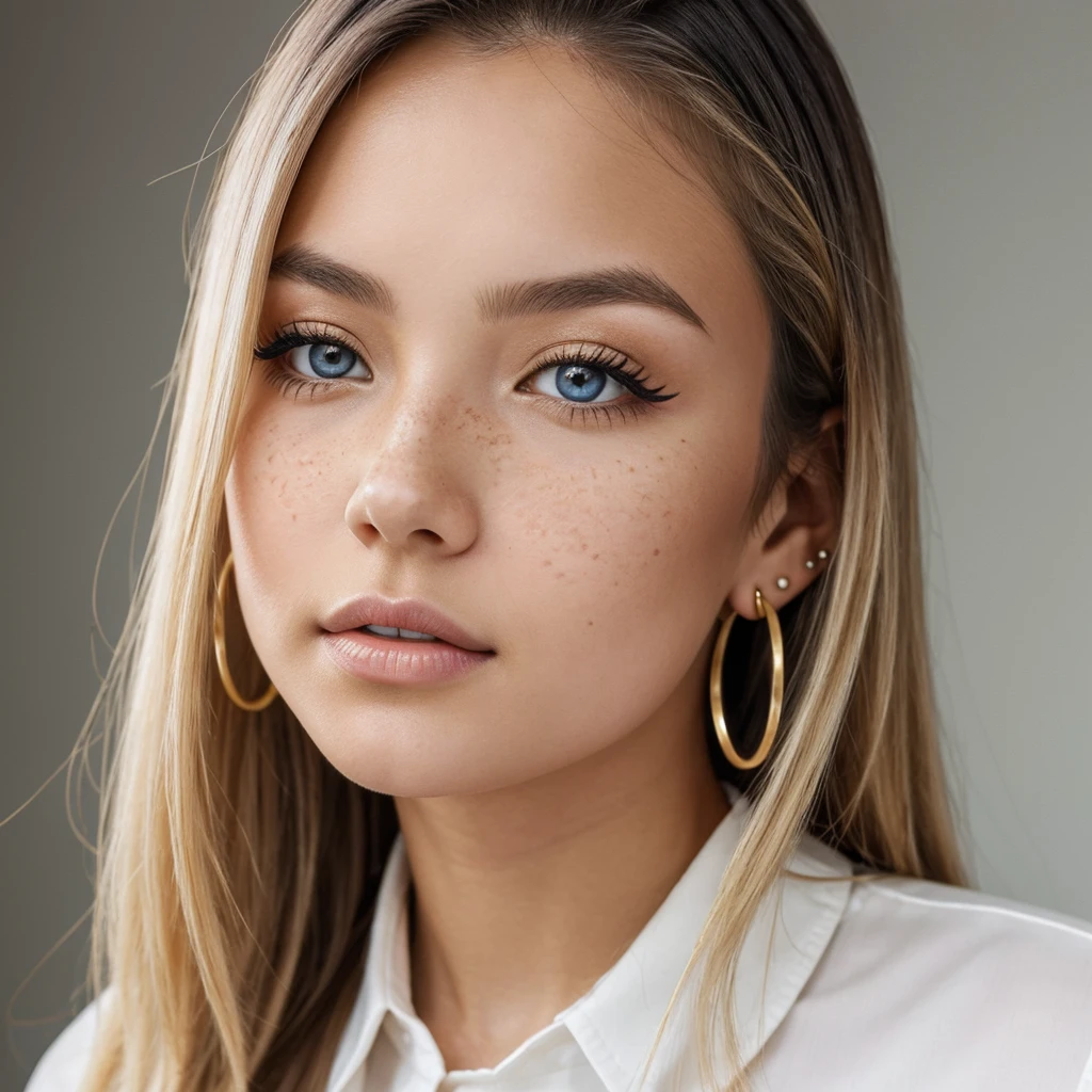 A young 19-year-old woman named Lila Nakamura with a Northern European heritage. She has thick dark black eyeliner, glossy lips, and a cute, endearing expression. She has straight, blonde hair that falls just past her shoulders, styled in a neat and polished manner. Her eyes are almond-shaped with a light, striking blue color, accentuated by subtle eyeshadow and mascara. Her skin has a light tone with a natural, fresh look, and she has a few delicate freckles across her nose. She is wearing a simple, professional outfit, consisting of a white blouse and dark jeans, and accessorized with small gold hoop earrings. The background is a neutral studio setting with soft lighting to highlight her features.