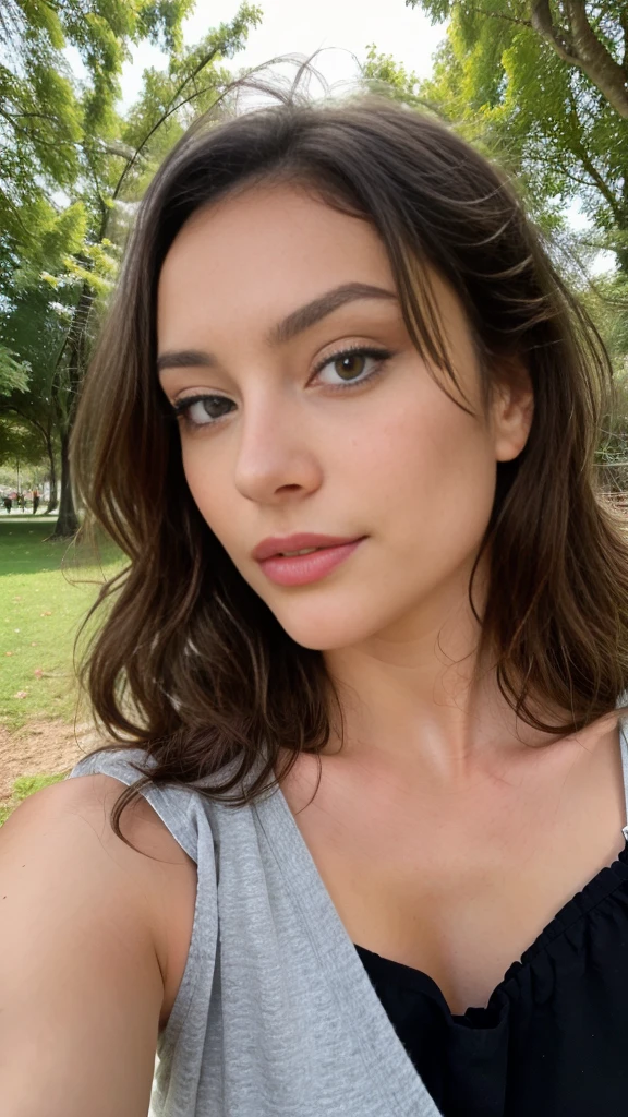 Jolie belle brune en jupe (black har) (dans un parc),selfie, Low cut, very detailed, 18 ans, Visage innocent, naturally wavy hair, yeux verts, high resolution, head of&#39;ouvrages d&#39;art, best quality, intricate details, very detailed, mise au point nette, detailed skin, texture de peau realistic, texture, detailed eyes, professionnel, 4K, charming smile, prise avec Canon, 85 millimeters, slight depth of field, Kodak Vision Color, corps parfaitement ajusté, extremely detailed, Photograph_\(ultra\), photographiquerealistic, realistic, Post-traitement, Maximum details, roughness, real life, ultrarealistic, photorealism, photographie, 8k uh, photographie