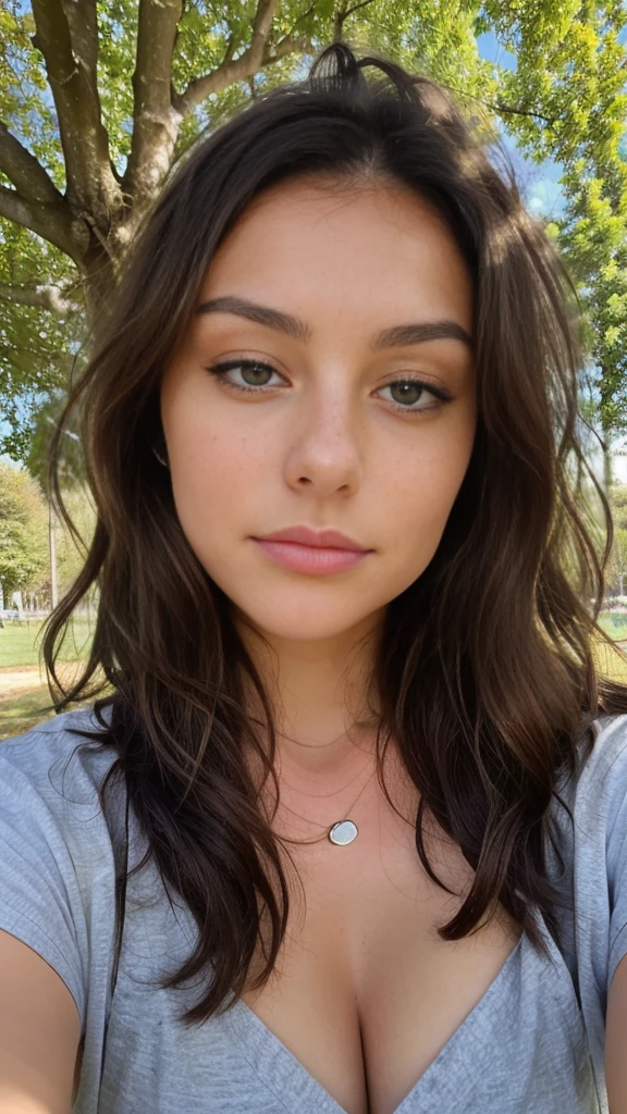 Jolie belle brune en jupe (black har) (dans un parc),selfie, Low cut, very detailed, 18 ans, Visage innocent, naturally wavy hair, yeux verts, high resolution, head of&#39;ouvrages d&#39;art, best quality, intricate details, very detailed, mise au point nette, detailed skin, texture de peau realistic, texture, detailed eyes, professionnel, 4K, charming smile, prise avec Canon, 85 millimeters, slight depth of field, Kodak Vision Color, corps parfaitement ajusté, extremely detailed, Photograph_\(ultra\), photographiquerealistic, realistic, Post-traitement, Maximum details, roughness, real life, ultrarealistic, photorealism, photographie, 8k uh, photographie