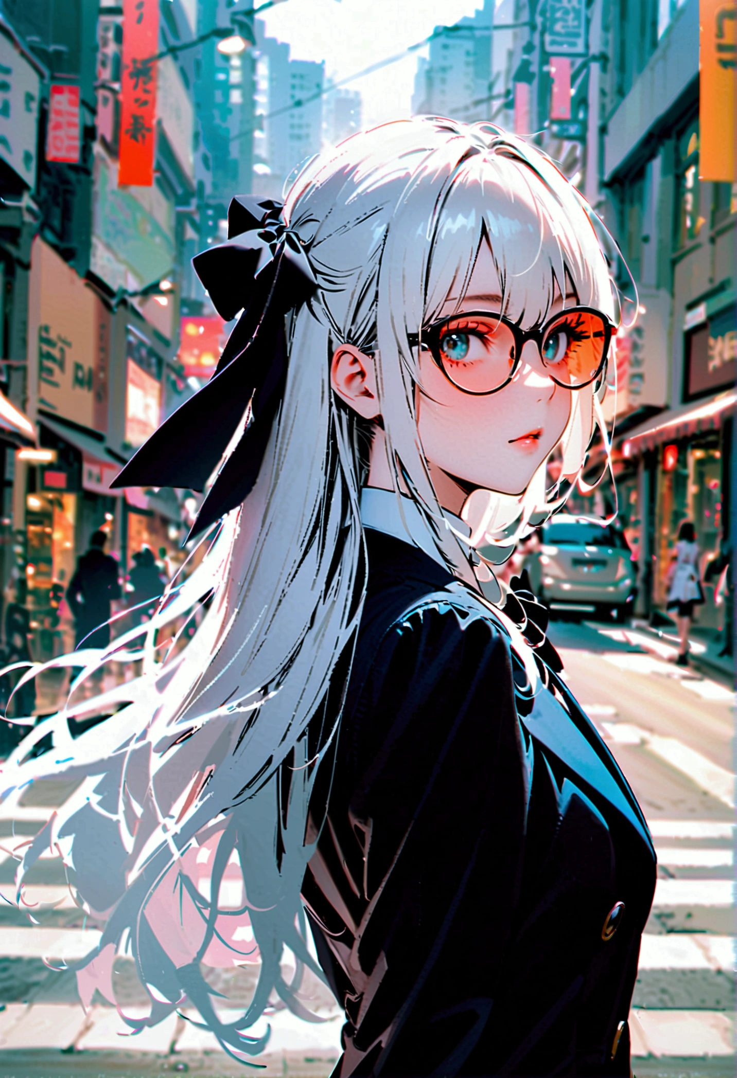 A young woman with long white hair and a black bow on her head, a blue suit and black candy-colored glasses with her back turned halfway in the middle of the city during the day.