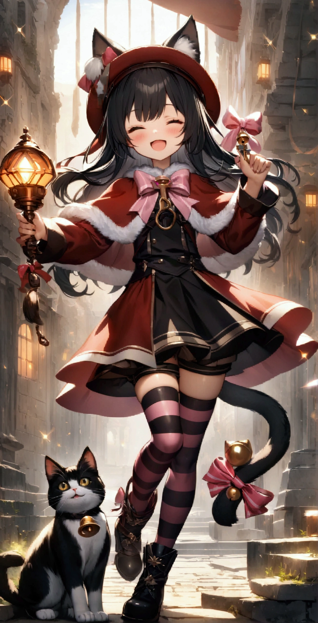 ((32k)), ((best quality)), ((ultra high res)), ((HDR)), ((UHD)), ((extremely detailed CG)), ((unity 32k wallpaper)), 1girl, solo, long hair, blush, smile, open mouth, skirt, black hair, thighhighs, long sleeves, hat, bow, ribbon, holding, animal ears, standing, tail, full body, closed eyes, boots, one eye closed, shorts, striped, cat ears, zettai ryouiki, coat, cat tail, sparkle, bell, capelet, cat, standing on one leg, cat girl, pink bow, goggles, striped thighhighs, tail ornament, key, ears through headwear, tail ribbon, tail bow, goggles on headwear,