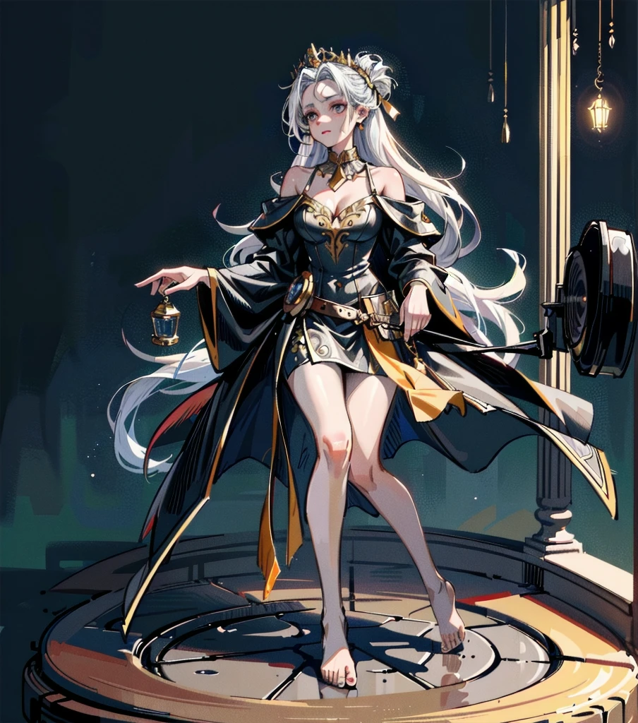 Beautiful goddess,1 Girl,Off-shoulder dress,Moderate hair,Moderate ,Exposed collarbone,Tear mole,Gorgeous goddess dress,Candlelight room,Flowing robe,The expression is arrogant,White hair,foot,No shoes,There is a mysterious mark in the middle of the forehead,(best quality,4K,8K,high resolution,masterpiece:1.2),Extremely detailed,(Practical,photoPractical,photo-Practical:1.37),fantasy,Facing the camera,Crystal ball floating on the palm,Intricate details,Dramatic Lighting,Melancholy atmosphere,Rich colors